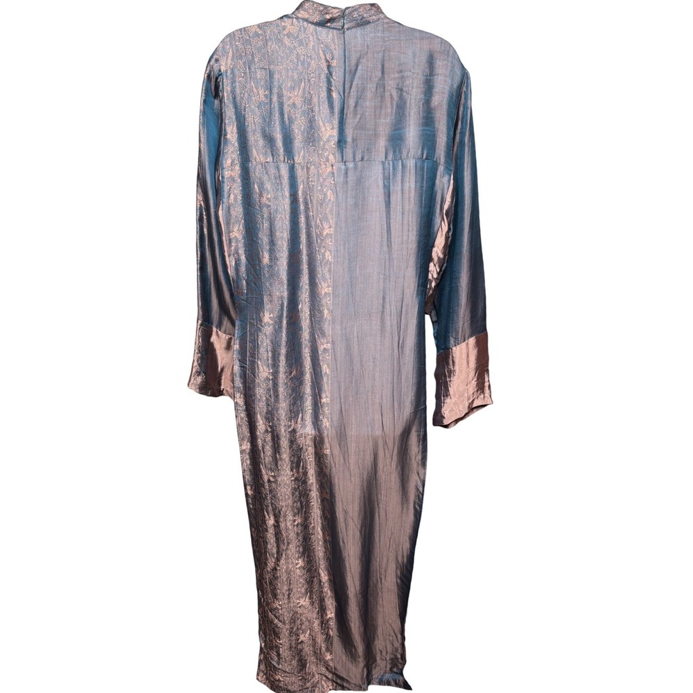 KENLY SILK Blue Bronze Brocade Vietnamese Ao Dai Maxi Dress L Frog Buttons Luxe - Picture 2 of 12
